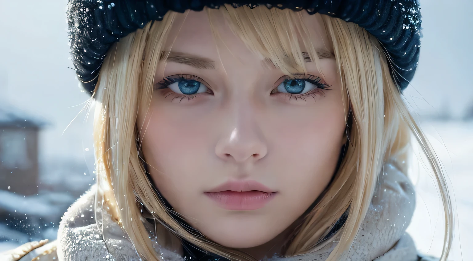 (oil, masterpiece, highest quality, Super detailed, Focus on the characters), Short blonde, ([return:0.8]|[ face facing returnwards:1.1]), Serious face, ([A cold scenario:1.2]|[ snowy returnground:1.3]| [High Contrast:1.1])  