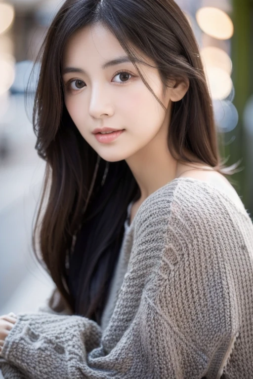 (best quality,4k,highres),photo-realistic:1.37,beautiful detailed eyes,black long hair,casually dressed,soft lighting,warm color palette,grey knitted dress,slightly droopy eyes,oblique angle,Japanese woman in her 40s　The total number of pixels in both width and height is 1300 or more