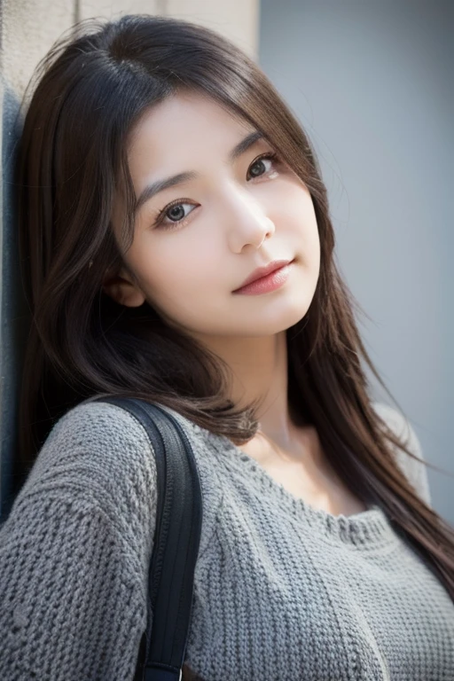 (best quality,4k,highres),photo-realistic:1.37,beautiful detailed eyes,black long hair,casually dressed,soft lighting,warm color palette,grey knitted dress,slightly droopy eyes,oblique angle,Japanese woman in her 40s　The total number of pixels in both width and height is 1300 or more