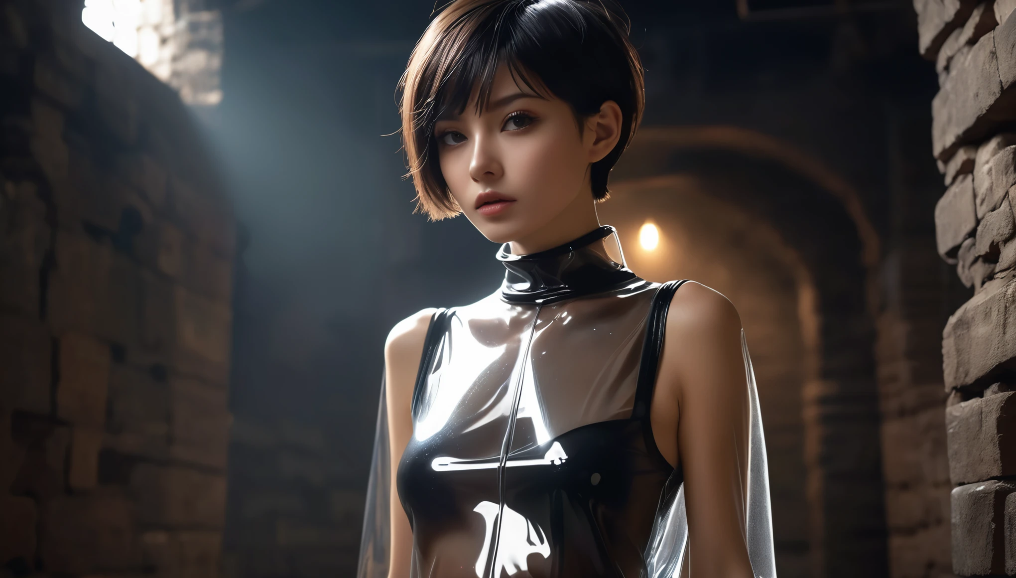 Top Quality, Masterpiece, High Resolution, 8k, (((skinny girl in oversized rubber see-through shirt with bare back and hot pants, wide neckline, small perky breasts, beautiful detailed eyes, no lipstick, extremely detailed face, pixie asymmetrical hair cut, small hips, in a dungeon, dim light from one side, behind back)))