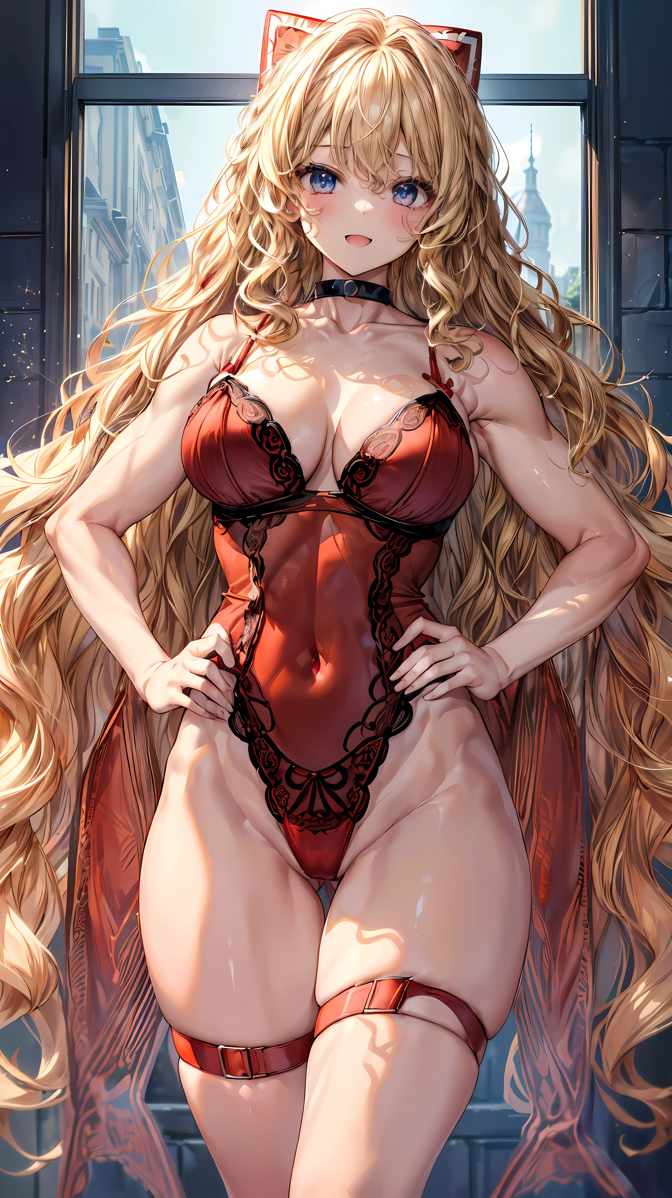 (Adult women:1.5)、Very detailed、highest quality、Best image quality、masterpiece、8k、Anime Face、A kind smile、(Open your mouth:1.3)、Sparkling blue eyes、(Blonde Wavy Hair:1.5)、、Muscles of the whole body、(High leg:1.5)、Thigh belt、(Wearing red lingerie:1.5)、(Cowboy Shot:1.5)、SFW Giant、(Put your hands on your hips)