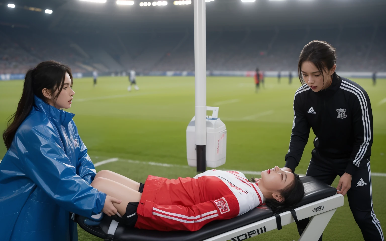 a soccer scene in a chinese sports stadium, rainy weather, wet ground, rainfall, injury scene in a sports stadium, stretcher carry, there are twor female medics in wet raincoats who carrying a stretcher, there are twor female medics in wet raincoats who are carrying a stretcher in a rainy sports stadium, there is a hurt male soccer player in a matte short cotton sports outfit lying on the stretcher, a hurt male soccer player is lying on his back on a stretcher and is rearing up in agony, a soccer player is rearing up in pain while lying on his back on a stretcher, dramatic scene, theatralic posing scene, dramatic pity scene, injury soccer, first aid, help, pity, there are two female medics in shiny raincoats who are looking very sad and very terrified and very shocked, the injured soccer player is screaming out in pain while he is carried from the pitch on a stetcher through the rain