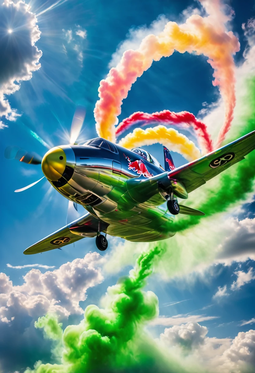 Red Bull Air Raicer flies a loop and draws coloured smoke streaks behind it, cloudy, sunny blue sky, green light, glistening light, 