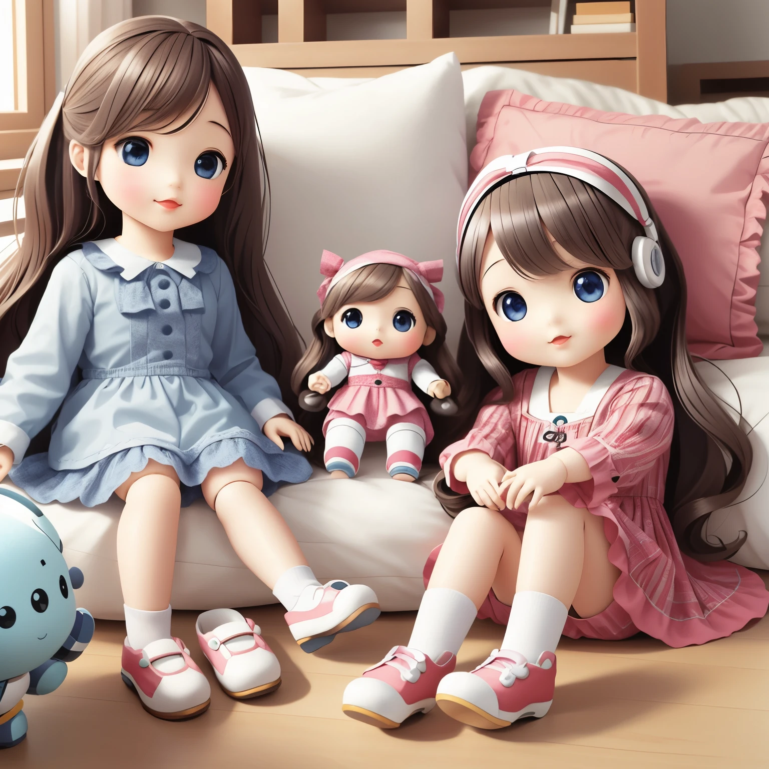 Realistic、Photo of a collaboration between dolls and robots、Comical pose、Cute Shoes