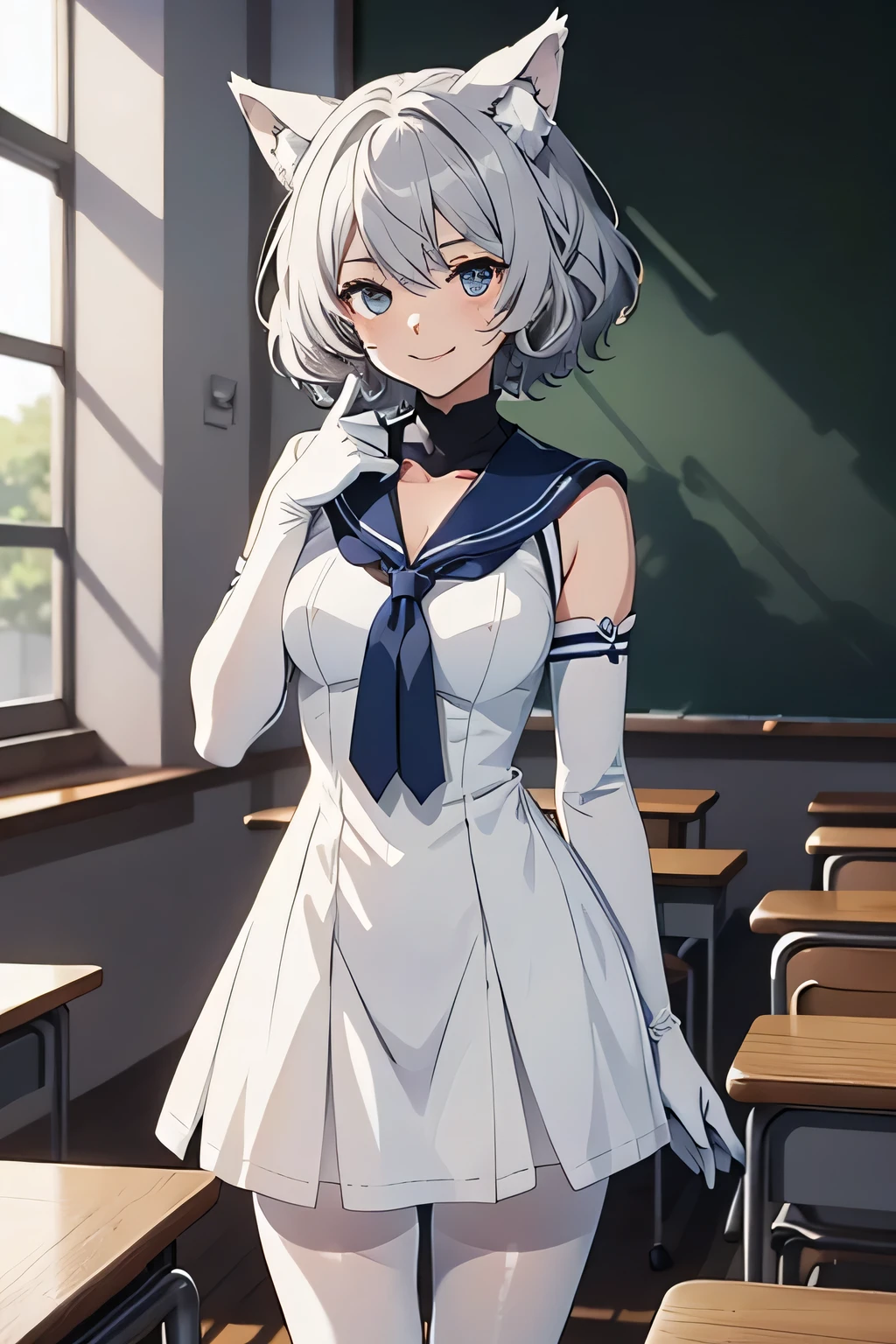 Tabletop Best image quality wonderful Attention to detail One Young Woman((Adult))Anime Style White Sailor Suit(Sleeveless) Navy blue bloomers snow-white gloves(Elbow Gloves) White Pantyhose(Plain) Wolf Ears short hair((Shortcuts)(Gray Hair)(Curly Hair)(fluffy)) smile(Happy) Eye color is blue background(classroom) Beautiful legs Are standing