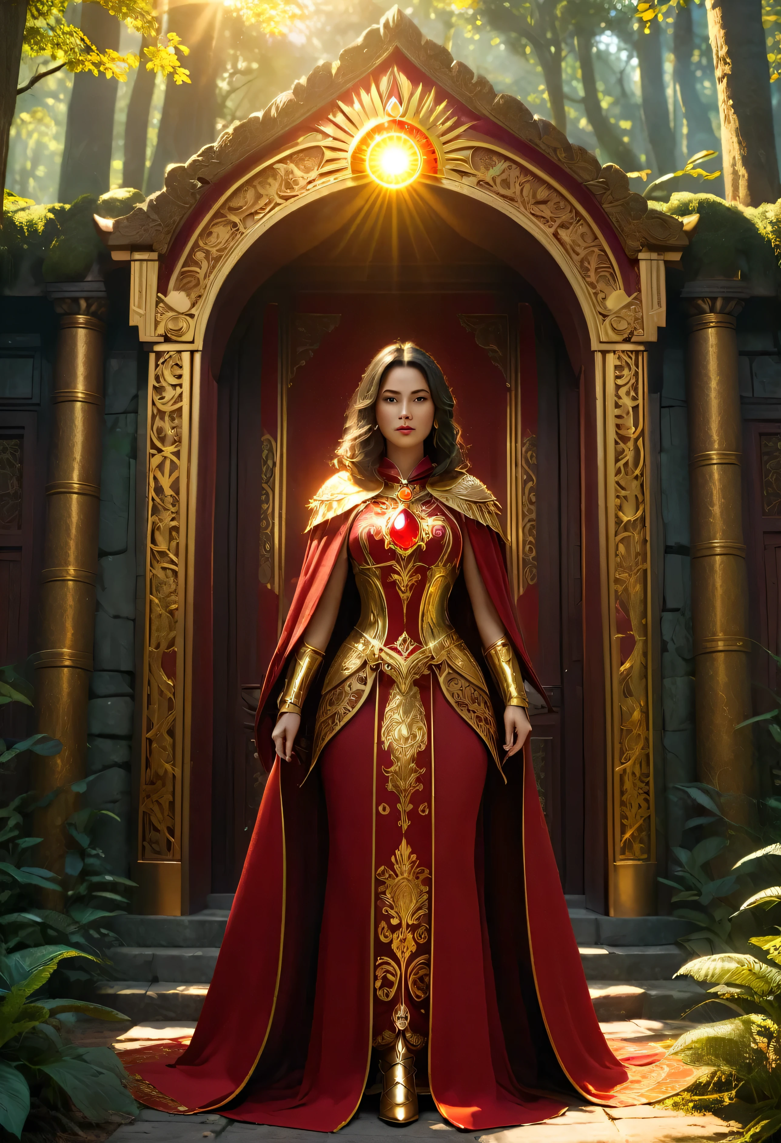 There is a magnificent temple of the Sun God in the middle of the forest,A powerful female magician standing in front of the door.,Delicate red and gold magic robe,cloak, Gorgeous golden pattern,The mysterious red gem on the armor,CG game movie promotional pictures,(Super detailed,Practical:1.37),(best quality,4K,8k,high resolution,masterpiece:1.2)