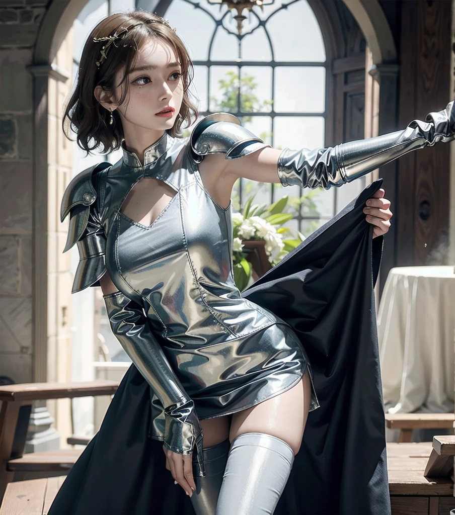 absurdres, RAW photo, extremely delicate and beautiful, masterpiece, Best Quality, ultra high resolution, 32k, hyperrealistic, ultra-detailed, 20 years old, detailed beautiful face, tearful mole, earring, very huge round breasts, short medium hair, wavy hair, wet clothes, (full body shot), alone, blonde hair, gauntlets, Joan of Arc, (surcoat), (cross armor),