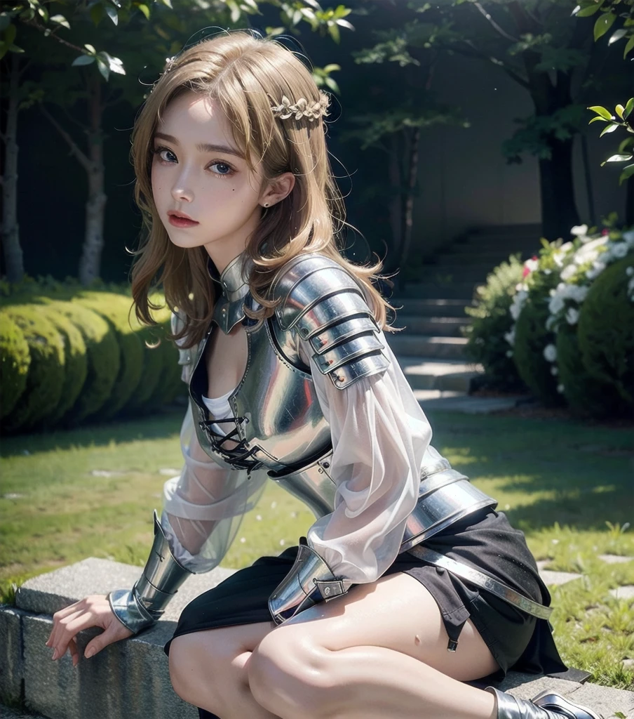 absurdres, RAW photo, extremely delicate and beautiful, masterpiece, Best Quality, ultra high resolution, 32k, hyperrealistic, ultra-detailed, 20 years old, detailed beautiful face, tearful mole, earring, very huge round breasts, short medium hair, wavy hair, wet clothes, (full body shot), alone, blonde hair, gauntlets, Joan of Arc, (surcoat), (cross armor),