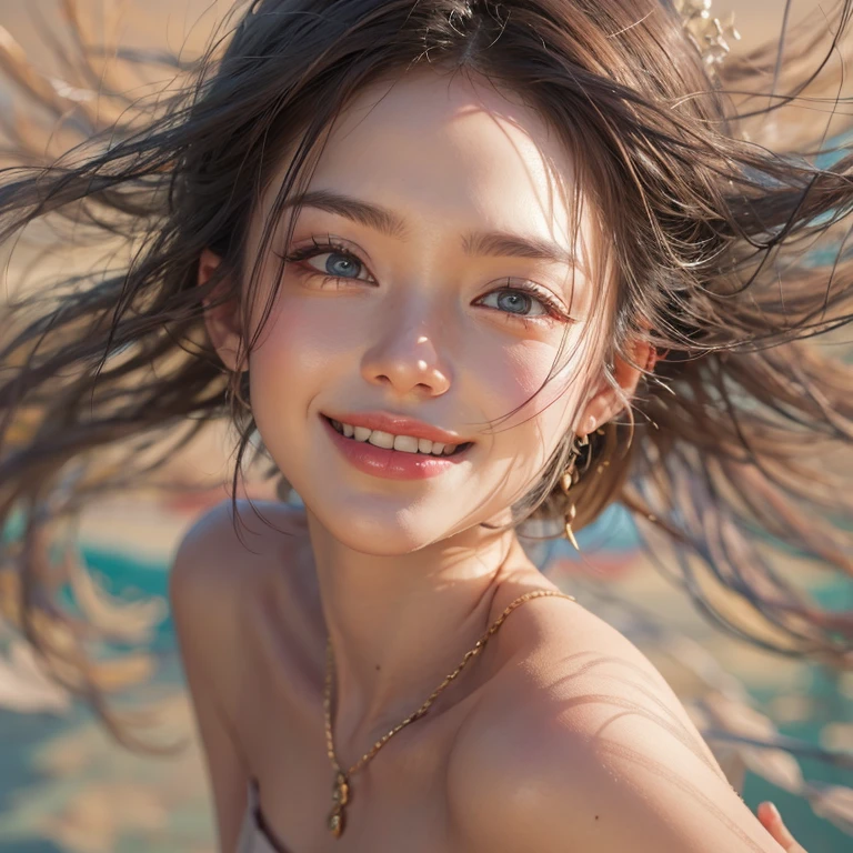 Riding a flying carpet、Running in the desert、Hair flows、 ((highest quality、masterpiece、8k、best image quality、ultra high resolution、Award-winning work)、(close-up of woman's face:1.35)、(close-up of naked face:1.3)、(accurate anatomy:1.1)、(look at me and smile:1.1)、Shining fair skin with ultra high resolution、most detailed face、ultra high resolution detailed face、ultra high resolutionの髪の毛、(ultra high resolutionの煌めく瞳:1.1)、Beautiful face drawn in every detail、(blurred background:1.1)、