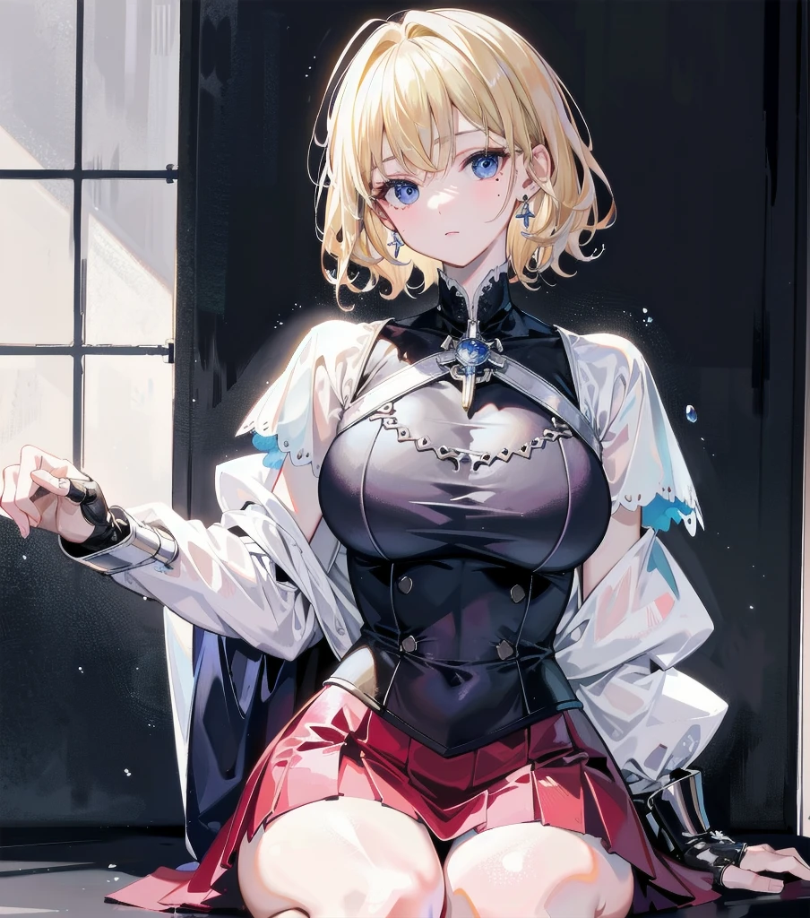 absurdres, RAW photo, extremely delicate and beautiful, masterpiece, Best Quality, ultra high resolution, 32k, hyperrealistic, ultra-detailed, 20 years old, detailed beautiful face, tearful mole, earring, very huge round breasts, short medium hair, wavy hair, wet clothes, (full body shot), alone, blonde hair, gauntlets, Joan of Arc, (surcoat), (cross armor),