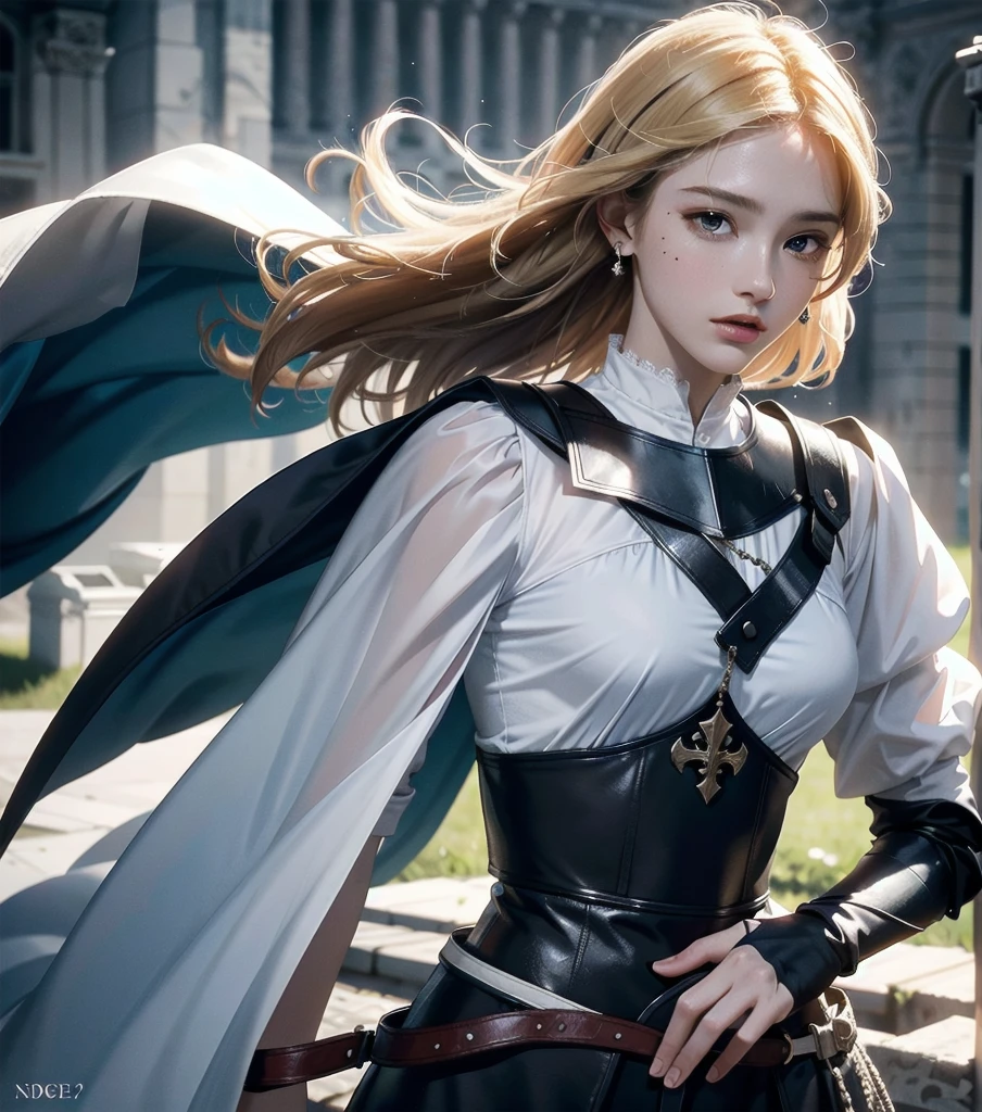 absurdres, RAW photo, extremely delicate and beautiful, masterpiece, Best Quality, ultra high resolution, 32k, hyperrealistic, ultra-detailed, 20 years old, detailed beautiful face, tearful mole, earring, very huge round breasts, short medium hair, wavy hair, wet clothes, (full body shot), alone, blonde hair, gauntlets, Joan of Arc, (surcoat), (cross armor),