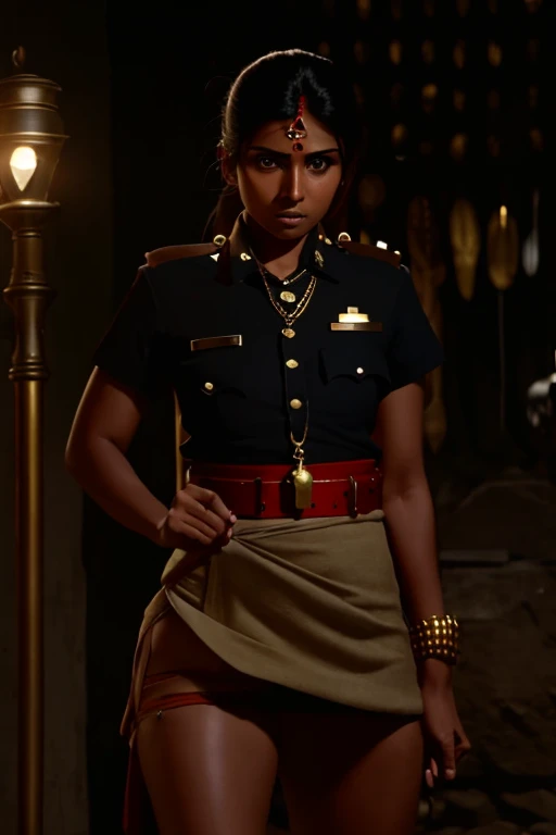 Hot Indian girl, cop uniform, strong, thin gold necklace, short ponytail, angry look, holding small stick, dimly lit dungeon, full body picture 