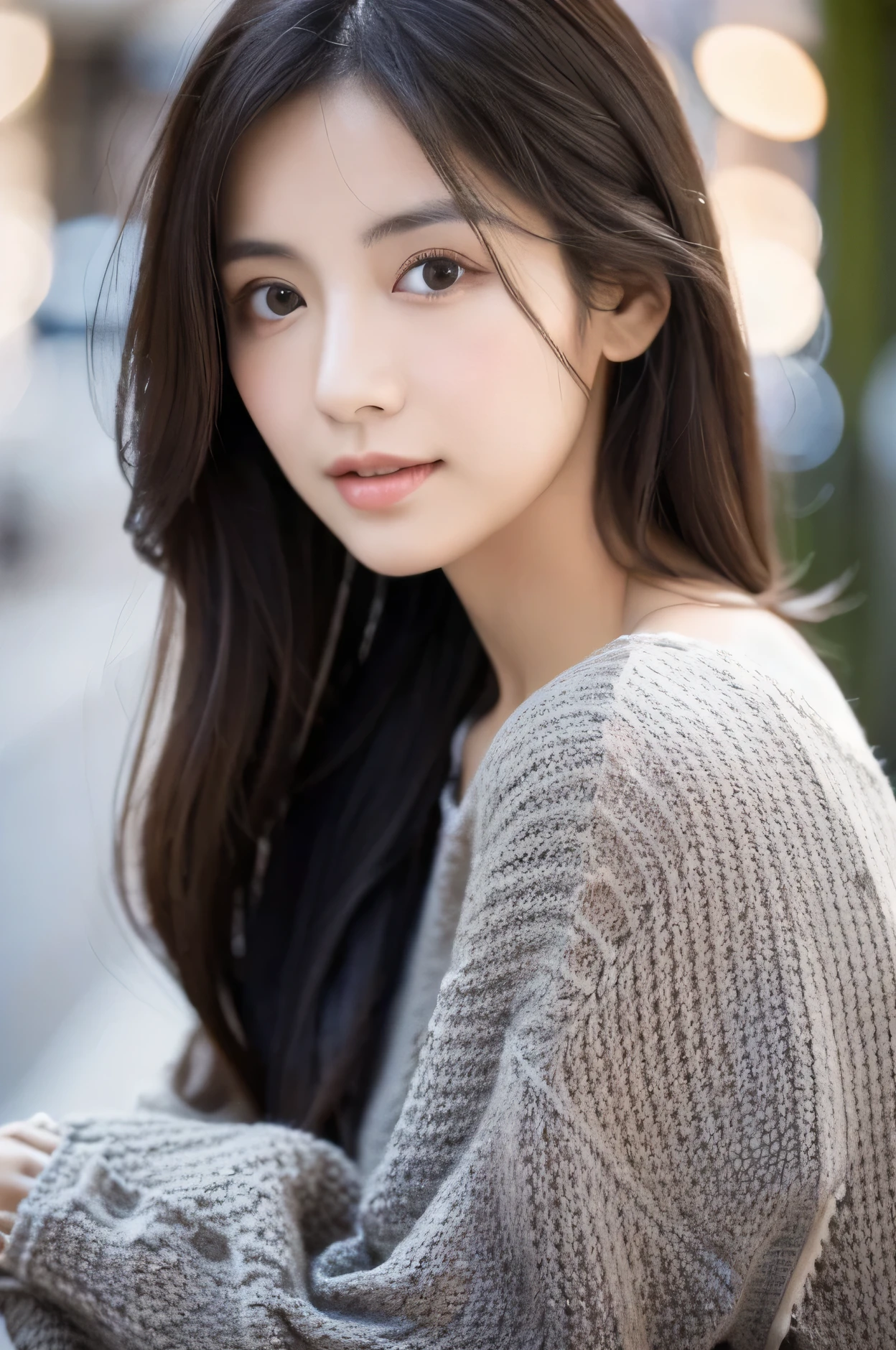 (best quality,4k,highres),photo-realistic:1.37,beautiful detailed eyes,black long hair,casually dressed,soft lighting,warm color palette,grey knitted dress,slightly droopy eyes,oblique angle,Japanese woman in her 40s The total number of pixels in both width and height is 1300 or more