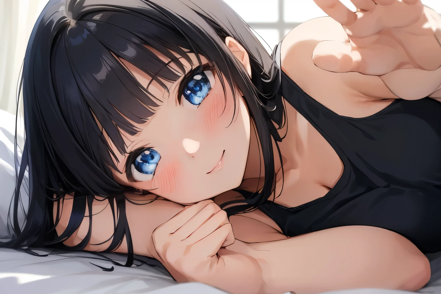 Masterpiece、highest quality、1 female、Super detailed　Black Hair、bangs　Blue Eyes、Detailed depiction of the eyes　Smiling、blush　Tank top　Face is close、Facial Close-up、Bring your face closer　Sheetsに横になる、Spread your shoulders、Put your hand here、Pose asking for a hug　Sheets