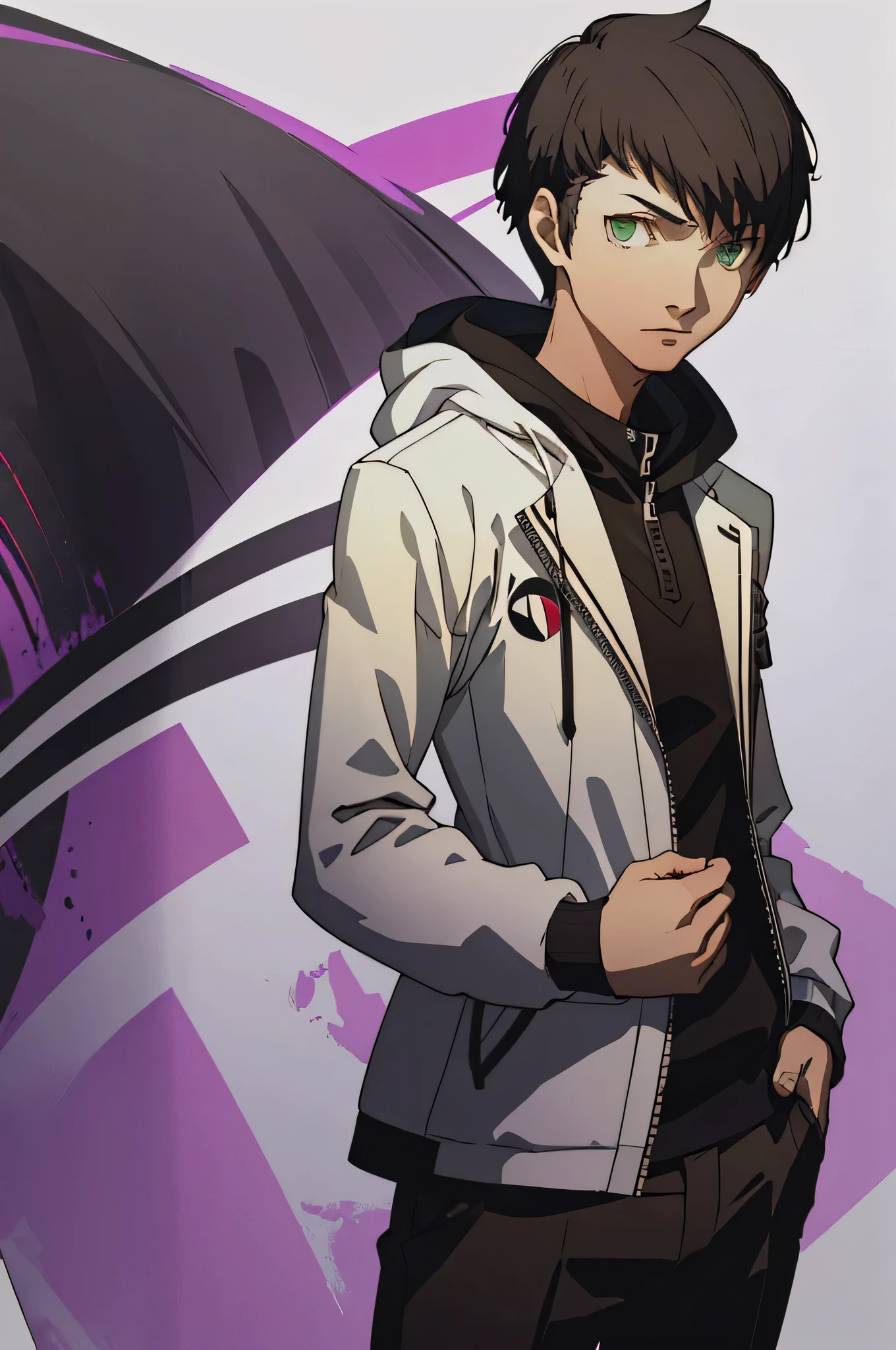 (masterpiece:1.2, best quality), 1boy, solo, upper body, portrait, green eyes, a black shujin academy blazer overlapping a purple and black hoody, khakis slacks, short spikey brown hair (white background) standing pose