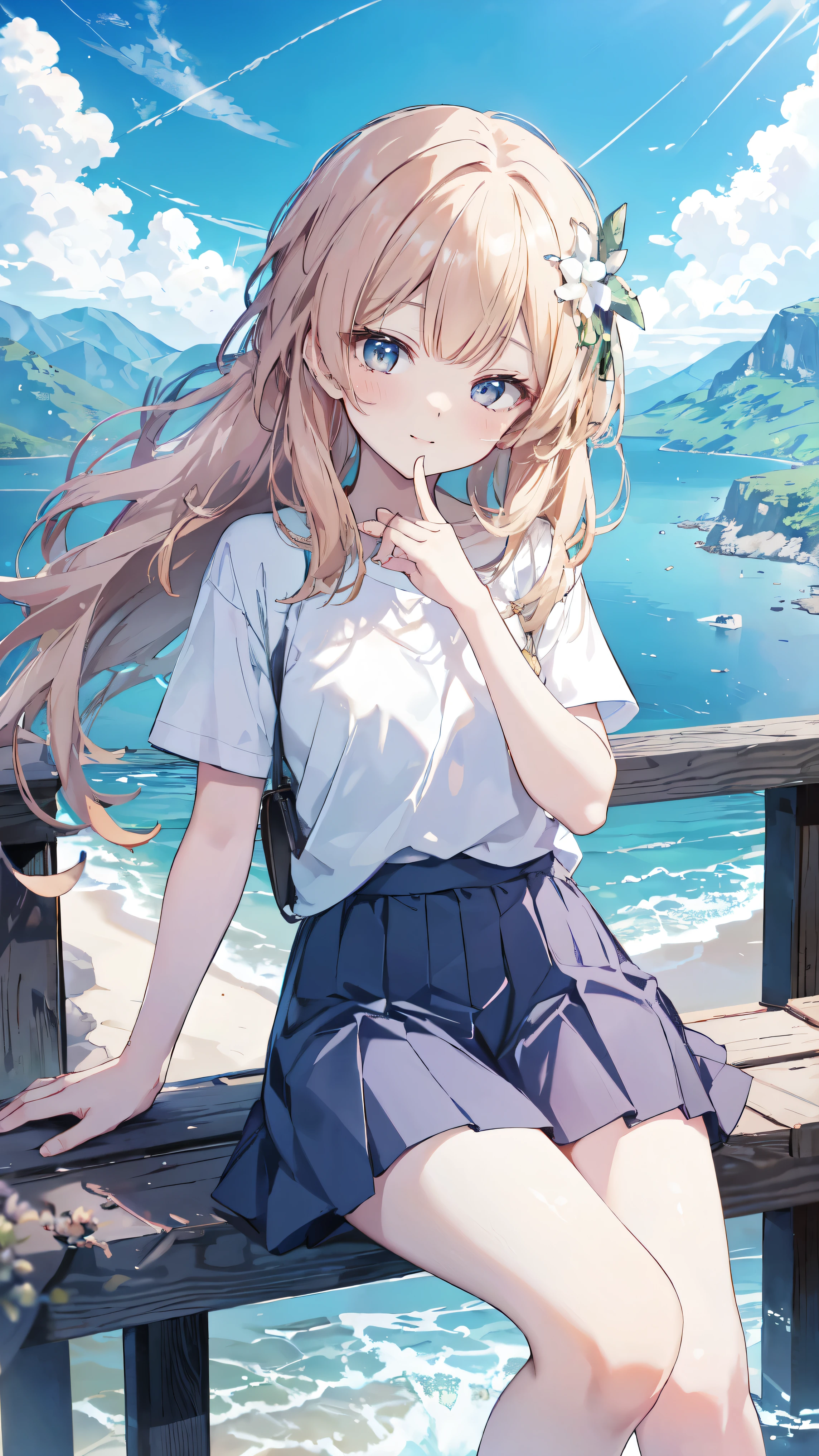 highest quality、Masterpiece、Ultra-high resolution、8k、Summer sky、early summer、((Short sleeve、Short skirt))、1 person、Soft line art、Soft drawing、Beautiful Hair、((Lori))、Clear Eyes、((Teasing Smile))、Ultra-detailed facial depiction、The gaze is directed towards us、highest quality色、Hand gestures、Angle that allows you to see all the way to your feet、Landscape with nature