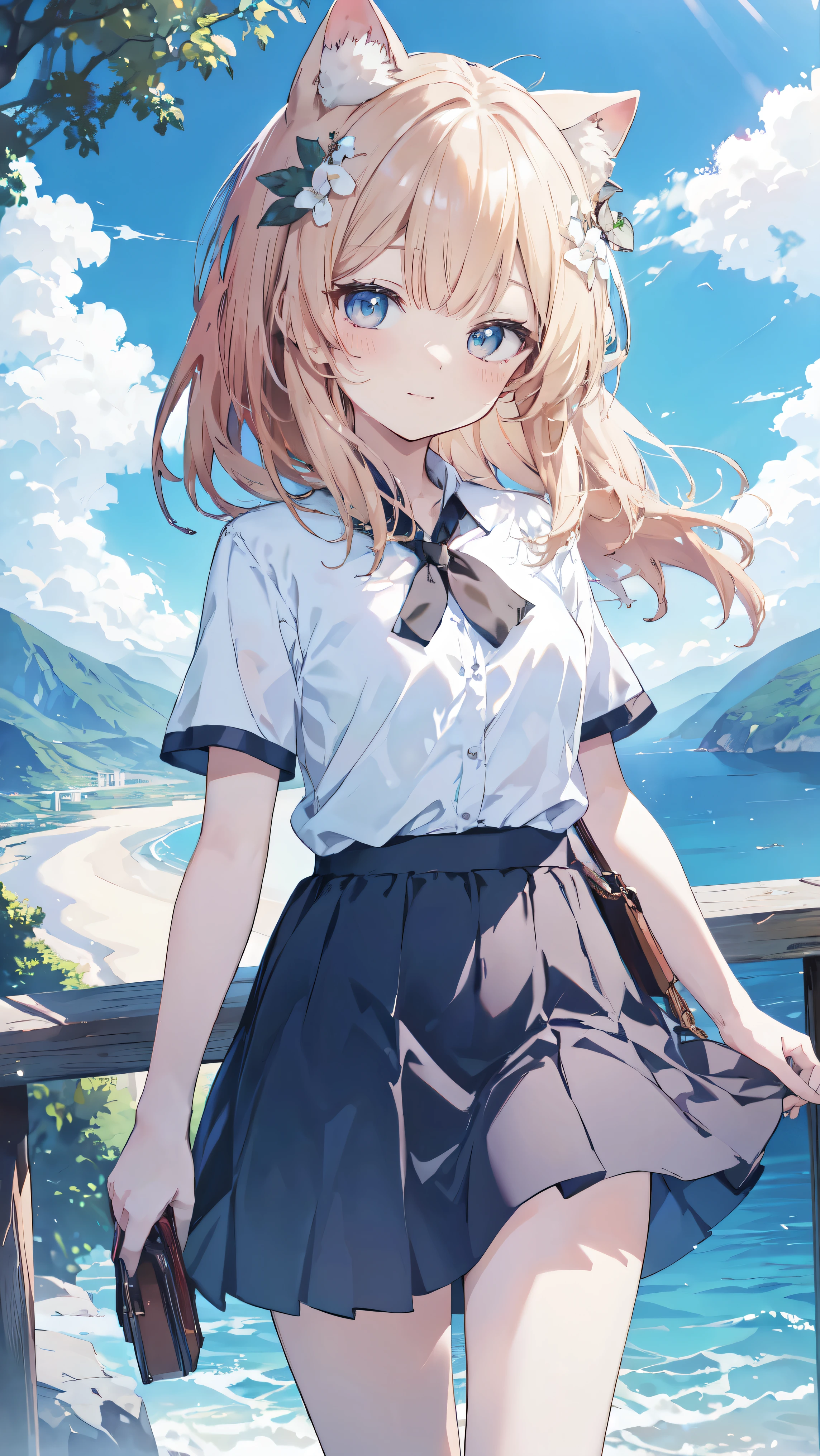 highest quality、Masterpiece、Ultra-high resolution、8k、Summer sky、early summer、((Short sleeve、Short skirt))、1 person、Soft line art、Soft drawing、Beautiful Hair、((Lori))、Clear Eyes、((Teasing Smile))、Ultra-detailed facial depiction、The gaze is directed towards us、highest quality色、Hand gestures、Angle that allows you to see all the way to your feet、Landscape with nature