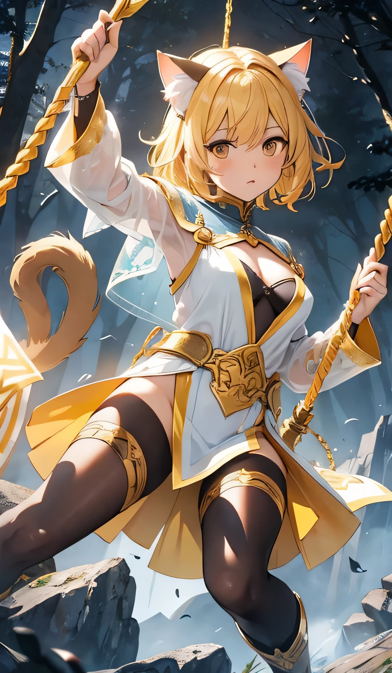 beautiful detailed girl, clear and beautiful, Make the character the main point of view, glowing skin, girls, not, young, 20 years, short hair, shortcut, Short hair, Beautifully detailed glass hair, ((swinging a big sword, battle stance)) ((greek costume, 2 Costume colors, white background, yellow pattern)) ((Clothes color White background, yellow pattern)) ((Double color, White, yellow)) ((Use only two colors of clothing, White, yellow)) beautiful details, cold face, cold expression, beautiful and delicate eyes, orange eyes, moderate chest, orange eyes, Authentic skin texture, Very nice 8KCG wallpaper, Very nice 8K CG wallpaper, Watercolor (middle), female warrior, Dark yellow hair, (((full body cut))), (((Cat's ears dark yellow))), Waldo, Luck Waldo, swinging, attack stance, levitation, (((with my whole body))), Show me your whole body, (((dark, dark 밤, midnight))) (((nature background, mountain, wood))), ((outdoors))