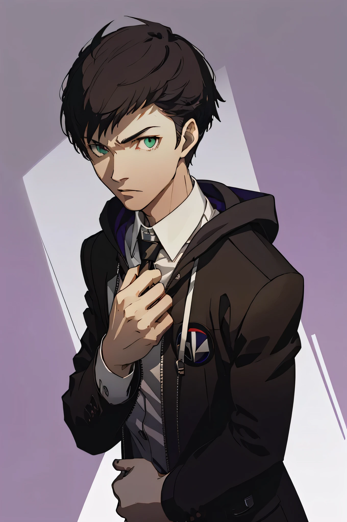 (masterpiece:1.2, best quality), 1boy, solo, upper body, portrait, green eyes, a black shujin academy blazer overlapping a purple and black hoody, khakis slacks, short spikey brown hair (white background) standing pose