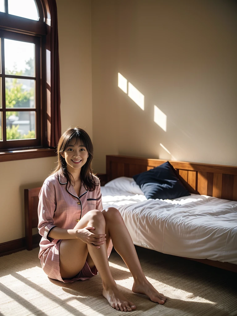 CG, Unity, 8k, wallpaper, highest quality, masterpiece, haruka amami, (smile: 1.1), Sit on the bed, pajamas, Shorts, barefoot, Sexy Legs, Best lighting, Complex pupil, Complex weaving, Detailed Background, In the room, There is a large window behind her, The window overlooks a quiet residential area., morning, Bright room