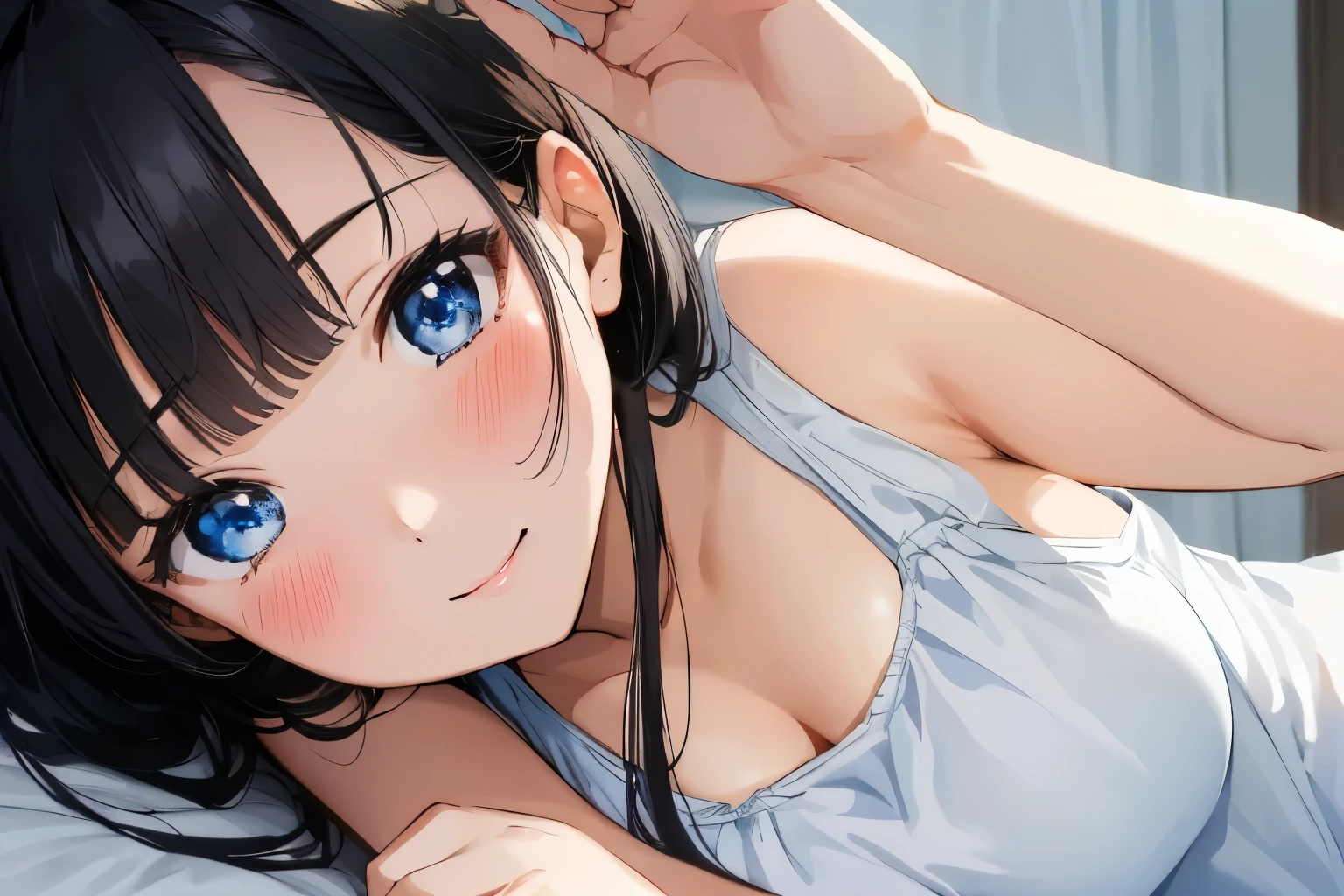 Masterpiece、highest quality、1 female、Super detailed Black Hair、bangs Blue Eyes、Detailed depiction of the eyes Smiling、blush Tank top Face is close、Facial Close-up、Bring your face closer Sheetsに横になる、Spread your shoulders、Put your hand here、Spread your arms Sheets