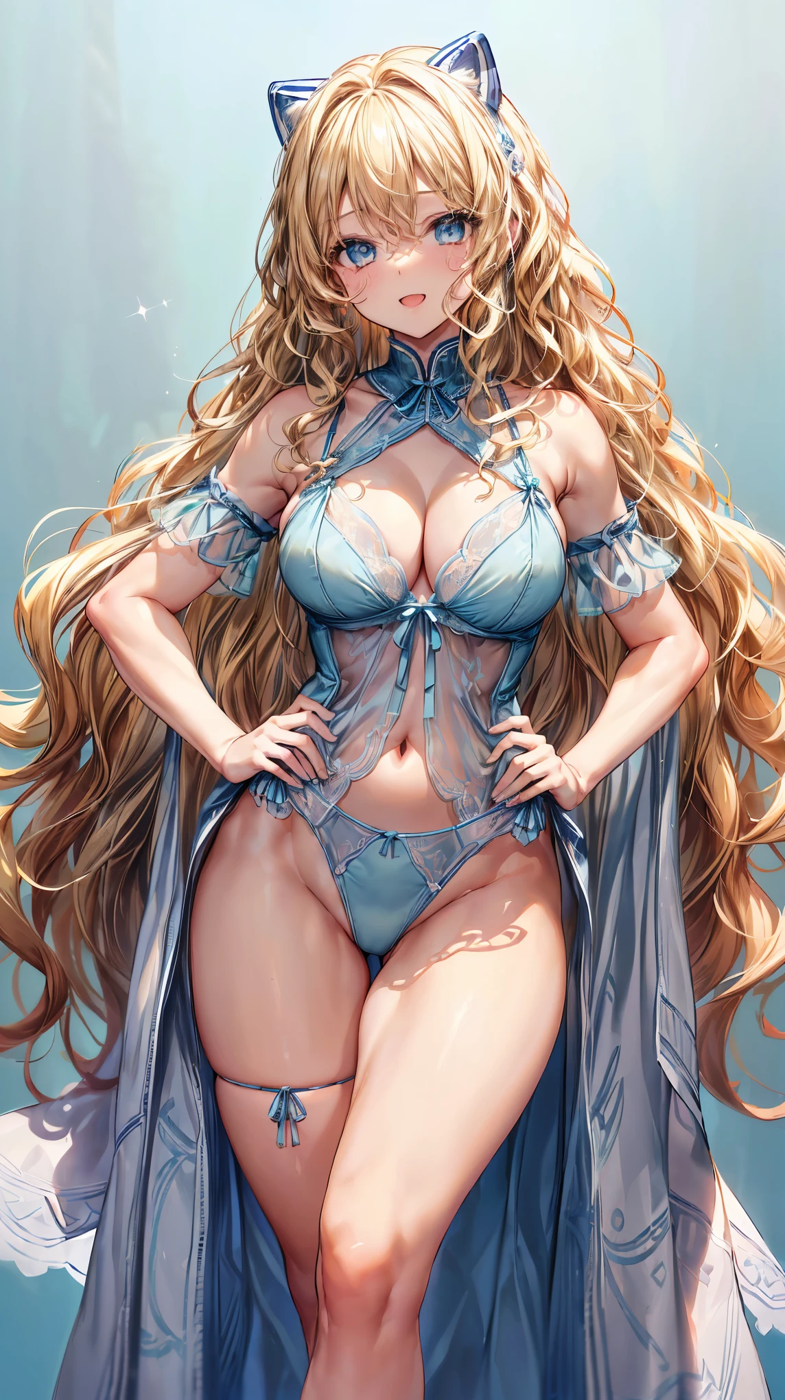(Adult women:1.5)、Very detailed、highest quality、Best image quality、masterpiece、8k、Anime Face、A kind smile、(Open your mouth:1.3)、Sparkling blue eyes、(Blonde Wavy Hair:1.5)、、Muscles of the whole body、(High leg:1.5)、Thigh belt、(Wearing light blue lingerie:1.5)、(Cowboy Shot:1.5)、SFW Giant、(Put your hands on your hips)