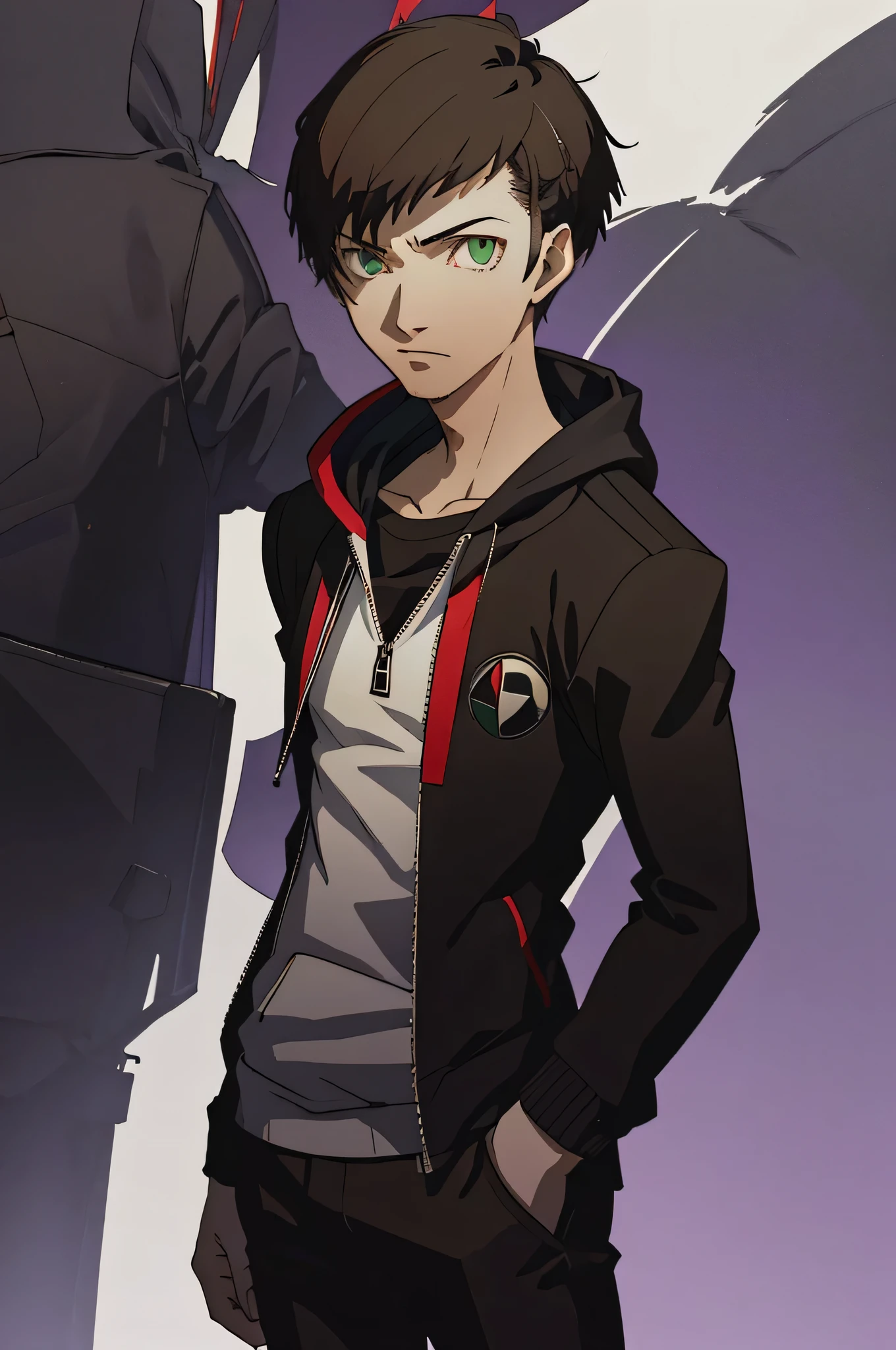 (masterpiece:1.2, best quality), 1boy, solo, upper body, portrait, green eyes, a black shujin academy blazer overlapping a purple and black hoody, khakis slacks, short spikey brown hair (white background) standing pose