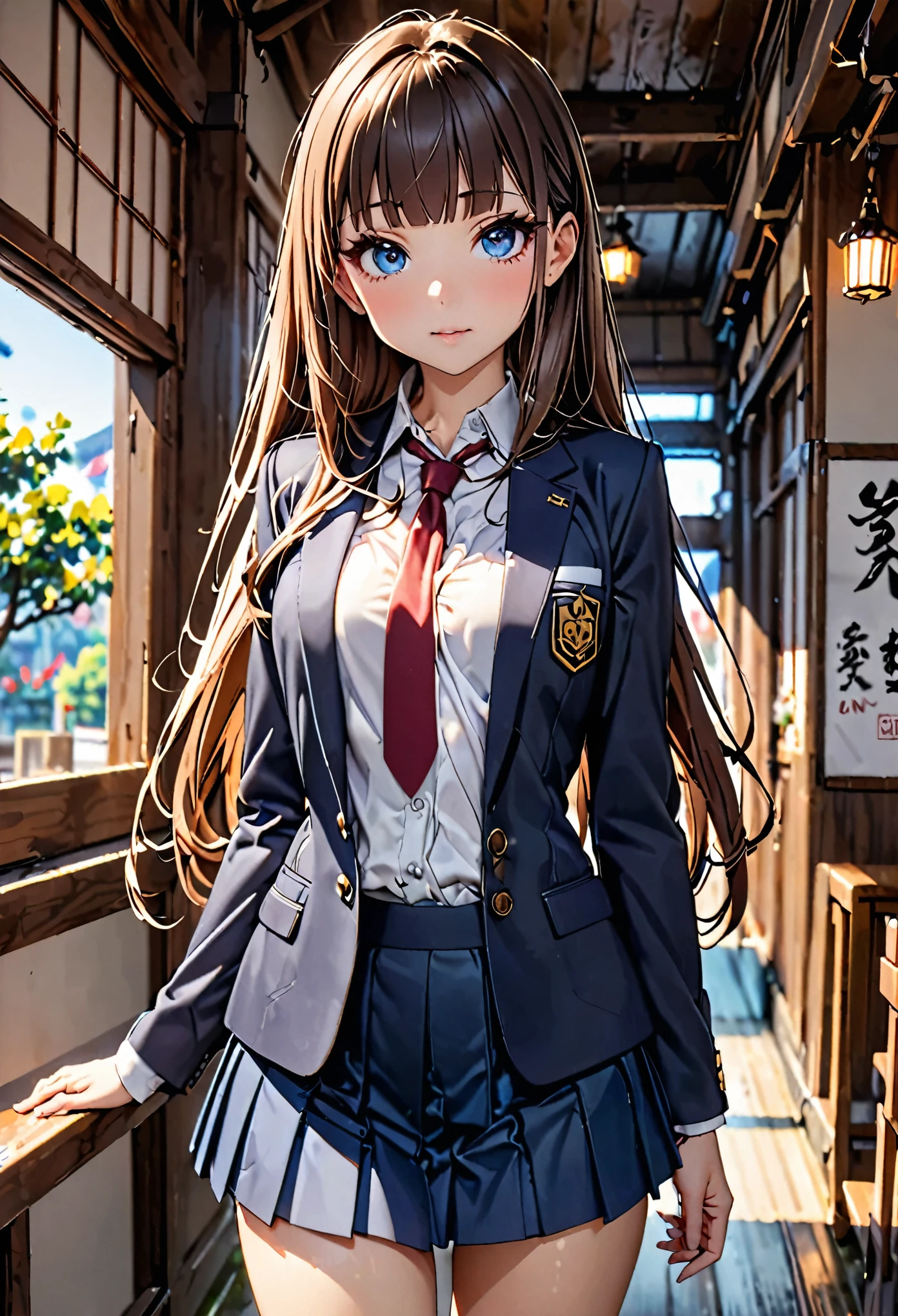 (high quality, 8k,masterpiece,Perfect Anatomy),cowboy shot,1 female,beautiful detailed face and eyes,(big gorgeous eye),blue eyes,The perfect 20 years old, Japanese、Brown Hair、Straight hair,long hair,blunt bangs,medium breasts,small face:1.5,slender body,skinny,、Dark blue blazer jacket、white formal shirt、Red tie、Navy blue pleated mini skirt、