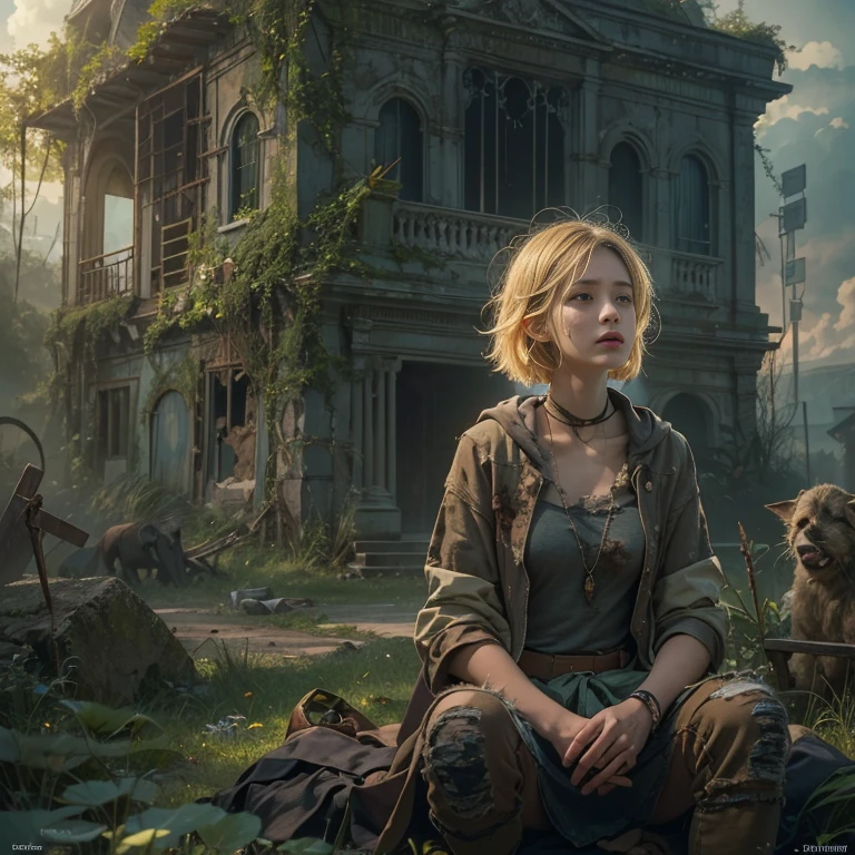 (masterpiece, best quality, 1 girl, solo) Amid the ruins of a zombie apocalypse, a beautiful american golden blonde teenage survivor, ( half body shot, many freckles on face, slim skinny body, short messy sidecut hair, hazel-greenish eyes), weary yet unbowed, discovers a secret sanctuary village, a beacon of hope in a world ravaged by despair. Her journey, fraught with danger and loss, leads her to this hidden haven, where the promise of safety and a new beginning awaits. Surrounded by nature's resurgence, the sanctuary stands as a lush oasis amidst desolation, its very existence a testament to resilience and the enduring spirit of humanity. As she crosses the threshold, her relief is palpable, her face alight with the dawning realization that even in the darkest times, hope can find a way to flourish. This moment captures the essence of hope's triumph over adversity, a poignant reminder that in the fight for survival, the human spirit remains unconquerable, 16K, ultra high res.photorealistic, UHD, RAW, a sanctuary village in the background