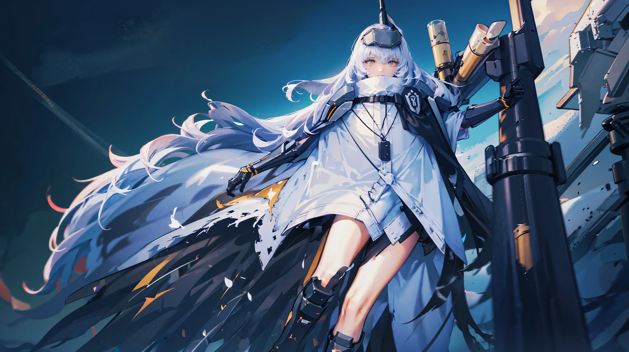 yellow eyes, white hair, long hair, headgear, mechanical boots, cloak, bare legs, single pauldron,1 peoson , solo , Game CG, dark fantasy, SF, focus on characters, gorgeous, full body, clear lines, best quality, detailed, detailed face, detailed hands, detailed legs, detailed human body, cool, old castle, gate, knight, guard, high place, machine life, massacre, kill, shooting stance, white anti-ship rifle, powerful, powerful, fighting, dynamic, action, fire, explosion, war, dust, blood, bloody, blood on clothes, wound, injury