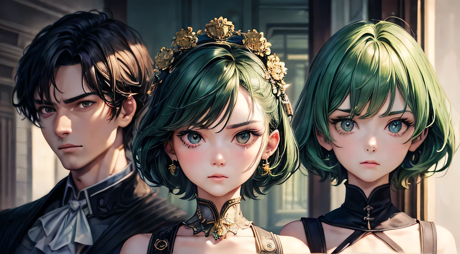 (oil, masterpiece, highest quality, Super detailed, Focus on the characters), short green hair, ([return:0.8]|[ face facing returnwards:1.1]), Serious face, ([Hot scenario:1.2]|[ ground:1.3]| [High Contrast:1.1])  