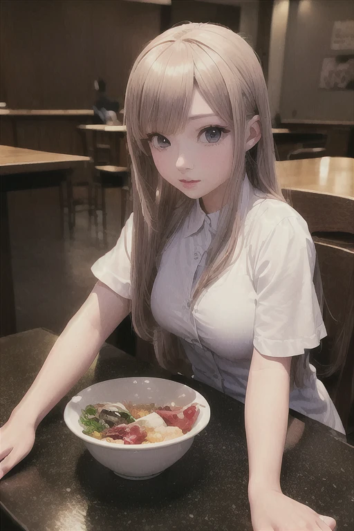 Sitting at a table by the window of a fast-food restaurant、There are hamburgers, drinks and trays on the table、14-year-old nude model in blonde school uniform with big who is dragging up her bra with both hands and challenging her