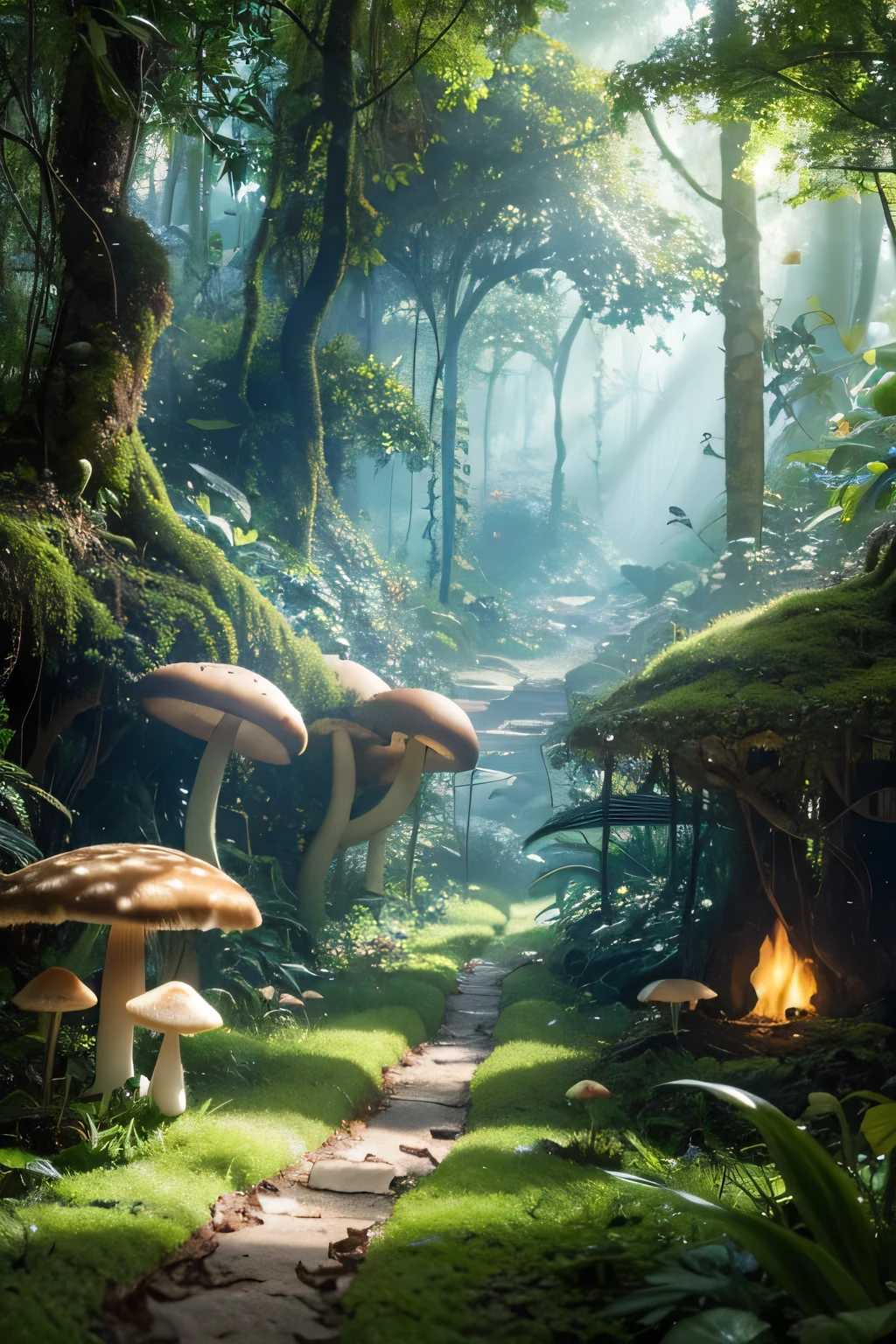 There are many mushrooms growing on the ground, magic Fairytale Forest, enchanted Magical Fantasy Jungle, Magical Fantasy Jungle, Magical fairy tale background, Fairytale Forest, Enchanted Forest backround, Magical Wonderland, Magical scenery, Fairytale Forest, Very magical and dreamy, Enchanted Forest, Magic fantasy very detailed, Magic Background, Magical environment, Whimsical fantasy landscape art, Enchanted Forest,32k