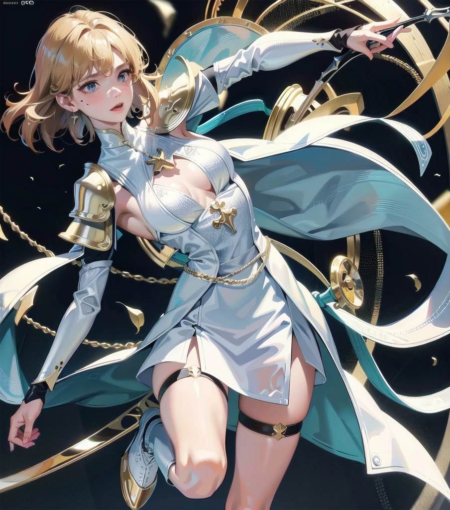 absurdres, RAW photo, extremely delicate and beautiful, masterpiece, Best Quality, ultra high resolution, 32k, hyperrealistic, ultra-detailed, 20 years old, detailed beautiful face, tearful mole, earring, very huge round breasts, short medium hair, wavy hair, wet clothes, (full body shot), alone, blonde hair, gauntlets, Joan of Arc, (surcoat), (cross armor),