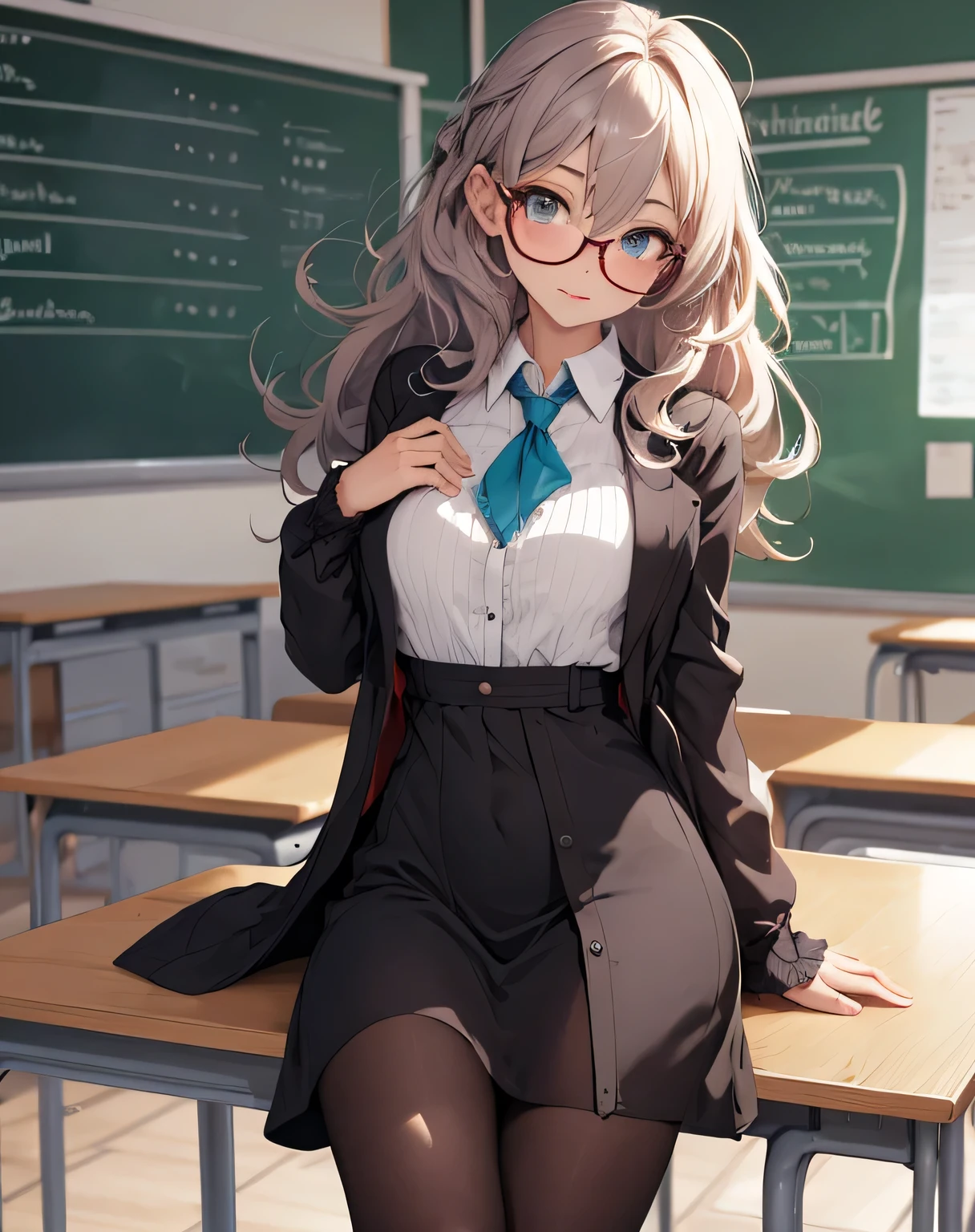 1fille sexy , fille professeur, une fille aux cheveux bruns avec des lunettes, classroom , crayon sur l'oreille, long curly hair, Messy hair, jupe plissée noire, stocking, bas collants, corps mince, porte une veste marron, she closes her left eye, ornement de chemise, seductive pose, yeux aqua, robe, Mini jupe plissée, s&#39;asseoir à la salle de cours, veste ouverte, Lunettes, twintail braided hair, , full details ,hd, beautiful lighting, light effects, ,