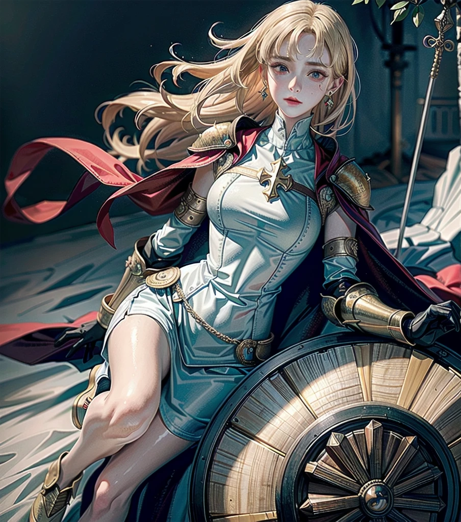 absurdres, RAW photo, extremely delicate and beautiful, masterpiece, Best Quality, ultra high resolution, 32k, hyperrealistic, ultra-detailed, 20 years old, detailed beautiful face, tearful mole, earring, very huge round breasts, short medium hair, wavy hair, wet clothes, (full body shot), alone, blonde hair, gauntlets, Joan of Arc, (surcoat), (cross armor),