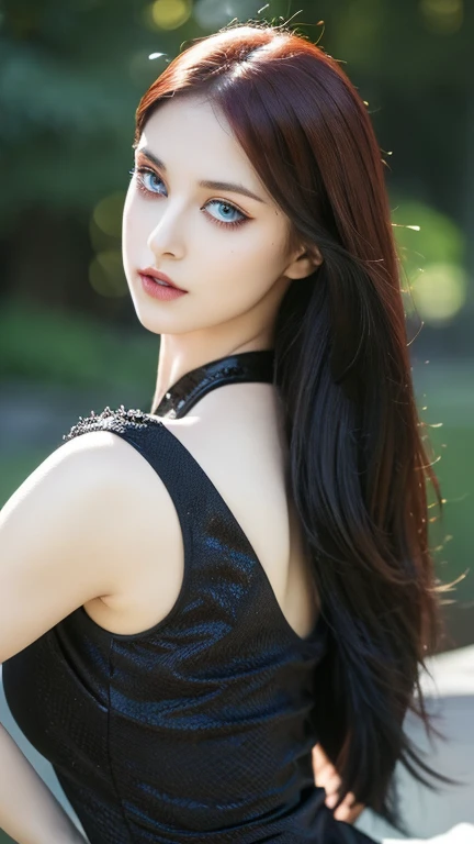 masterpiece, Ultra realistic, 16k, high quality, incredibly detailed, dream aesthetic, dream atmosphere, cinematic, work of art, (sharp focus: 1.5), (photorealistic: 1.3), featured (Beautiful goth Girl), pretty red-haired girl (charming seductress). cinematic, detailed, 16k sharp focus, realistic. Gorgeous. Seductive (evil). Natural red hair (realistic texture), illuminated silky and shiny hair, detailed hair (realistic), (natural). gorgeous detailed face (charming seductress). flushed cheekbones (Rosy cheeks), tanned skin , (white skin) alabaster skin that seems to glow ethereally. Her attire is goth. Voluptuous form. Turquoise blue eyes (evil eyes look). A symmetrical face ::2 goth clothes + trending on artstation + fantasy art + realistic cloth + fractals in the background, flowing hair --aspect 9:21 --uplight his otherworldly beauty. realistic skin texture, pale-white skin illuminated. realistic perfect shading. absurdres, realistic textures. solo, alone, 1girl. looking at viewer. female muscular body, toned body, defined muscles. Large natural breasts, cleavage. pantyhose, queen of darkness (black) dress (realistic texture). In Different positions at different angles. Day background. unbelievably real, best quality, Photorealistic.