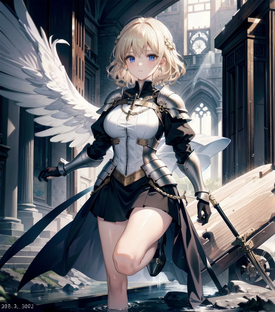 absurdres, RAW photo, extremely delicate and beautiful, masterpiece, Best Quality, ultra high resolution, 32k, hyperrealistic, ultra-detailed, 20 years old, detailed beautiful face, tearful mole, earring, very huge round breasts, short medium hair, wavy hair, wet clothes, (full body shot), alone, blonde hair, gauntlets, Joan of Arc, (surcoat), (cross armor),