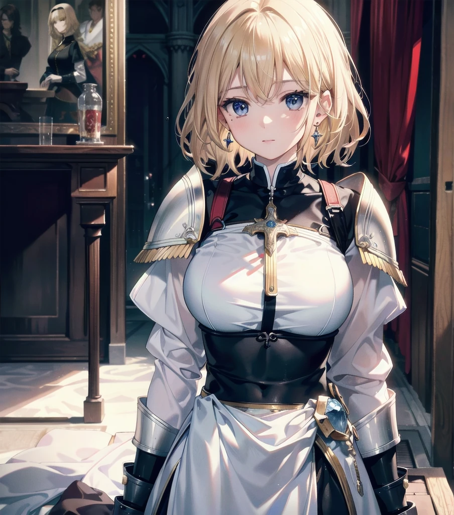 absurdres, RAW photo, extremely delicate and beautiful, masterpiece, Best Quality, ultra high resolution, 32k, hyperrealistic, ultra-detailed, 20 years old, detailed beautiful face, tearful mole, earring, very huge round breasts, short medium hair, wavy hair, wet clothes, (full body shot), alone, blonde hair, gauntlets, Joan of Arc, (surcoat), (cross armor),