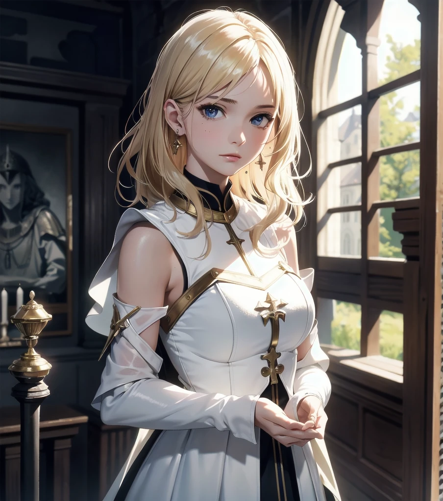 absurdres, RAW photo, extremely delicate and beautiful, masterpiece, Best Quality, ultra high resolution, 32k, hyperrealistic, ultra-detailed, 20 years old, detailed beautiful face, tearful mole, earring, very huge round breasts, short medium hair, wavy hair, wet clothes, (full body shot), alone, blonde hair, gauntlets, Joan of Arc, (surcoat), (cross armor),