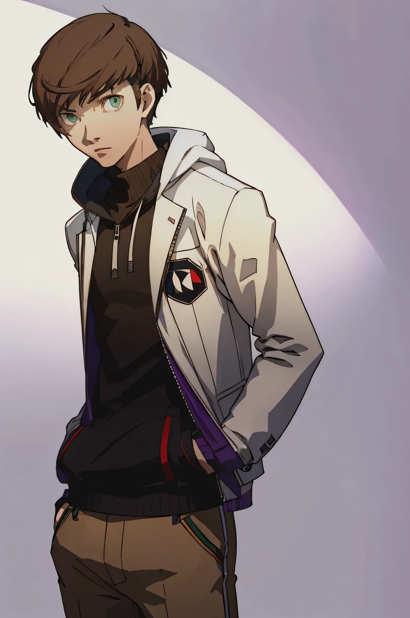 (masterpiece:1.2, best quality), 1boy, solo, upper body, portrait, green eyes, wearing a purple and black hoody, khakis slacks, shujin academy blazer, short spikey brown hair (white background) standing pose