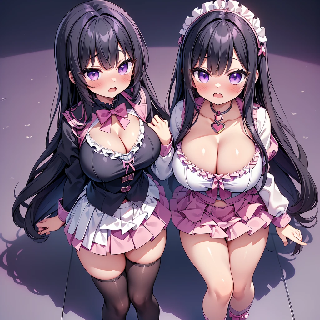 (8K、Best image quality、highest quality、masterpiece)、Detailed face、(2 girls, Black Hair, Purple Eyes, long hair)、Improve、 (magical pink girl outfit,frill mini skirt:1.2), (glamorous:1.2), (huge breasts:1.4), (cleavage cutout), (open clothes:1.2), (open mouth), (embarrassed), Classroom Background, (black stockings:1.2), (Thighs:1.2), (Waistline), (from above:1.2)