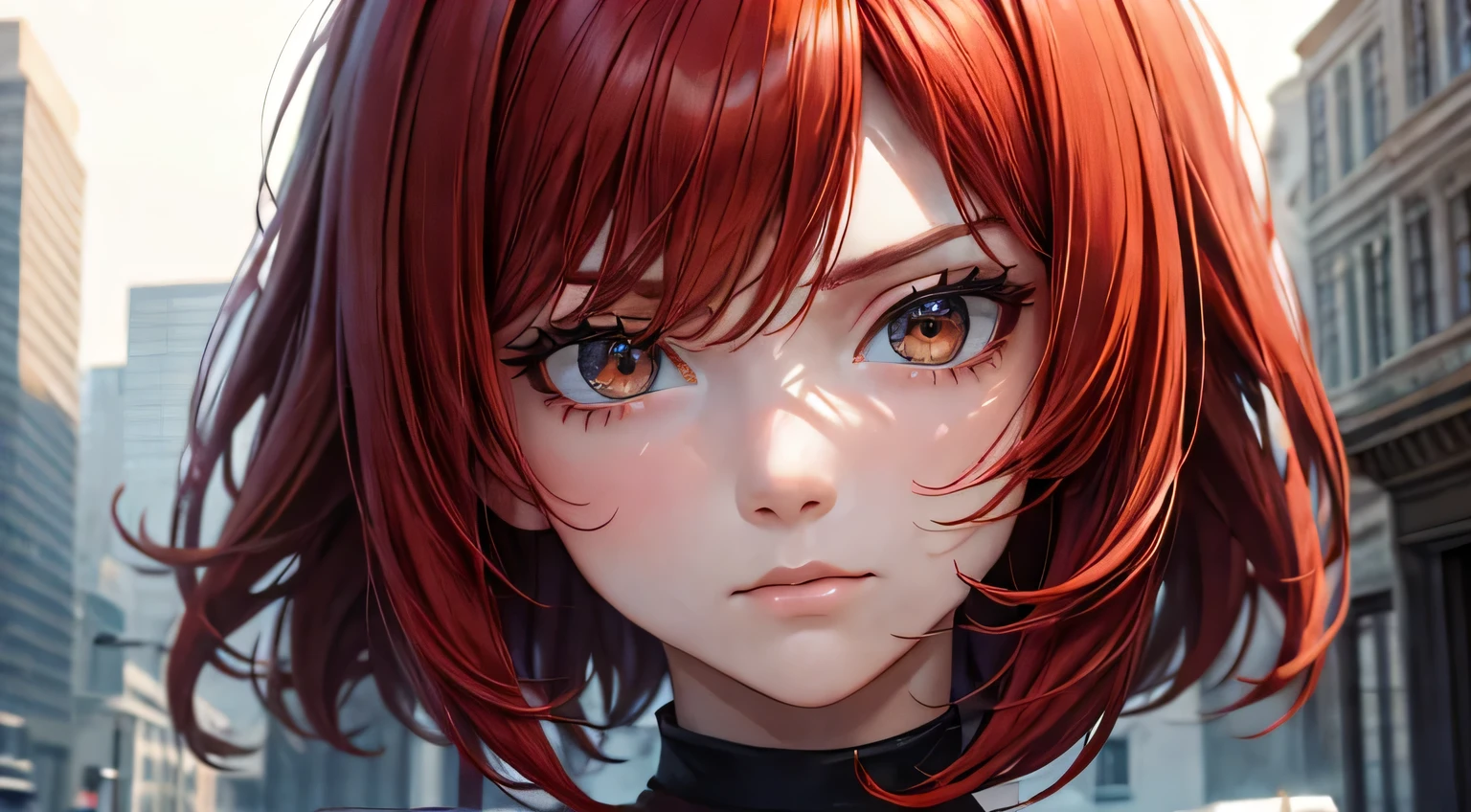 (oil, masterpiece, highest quality, Super detailed, Focus on the characters), Short Red Hair, ([return:0.8]|[ face facing returnwards:1.1]), Serious face, ([City Scenario:1.2]|[ ground:1.3]| [High Contrast:1.1])  