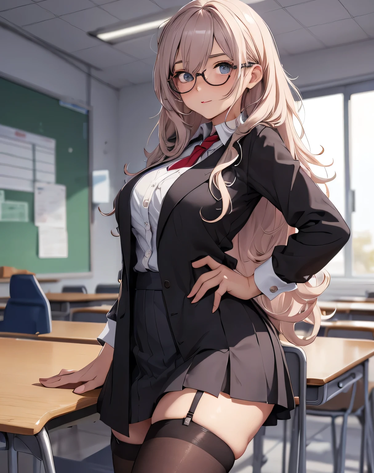 1fille sexy , fille professeur, une fille aux cheveux bruns avec des lunettes, classroom , crayon sur l'oreille, long curly hair, Messy hair, jupe plissée noire, stocking, bas collants, corps mince, porte une veste marron, she closes her left eye, seductive pose, jolies yeux , Mini jupe plissée, s'asseoir à la salle de cours, veste ouverte, Lunettes, twintail braided hair, , full details ,hd, beautiful lighting, light effects, cardboard folder ,classeurs