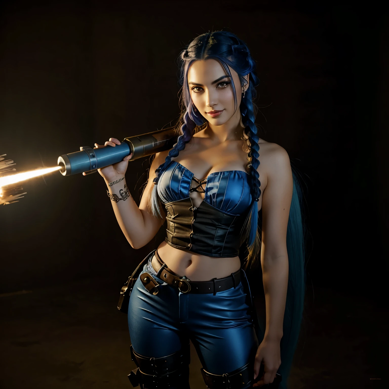 Character with long blue hair that almost touches the ground with long bangs and two braids with a weapon resembling a missile launcher