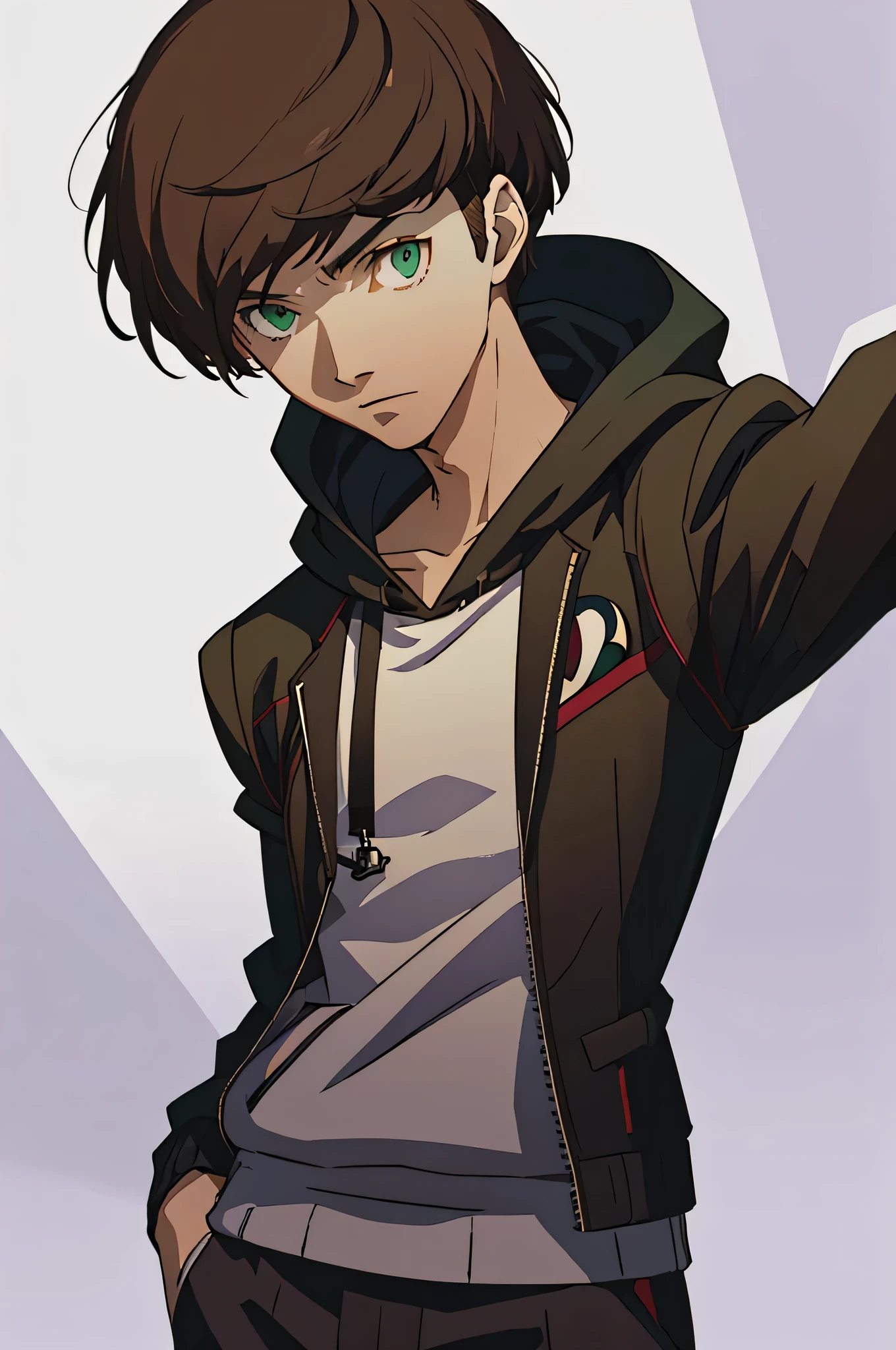 (masterpiece:1.2, best quality), 1boy, solo, upper body, portrait, green eyes, wearing a purple and black sweater with hood, khakis slacks, shujin academy blazer, short spikey brown hair (white background) standing pose