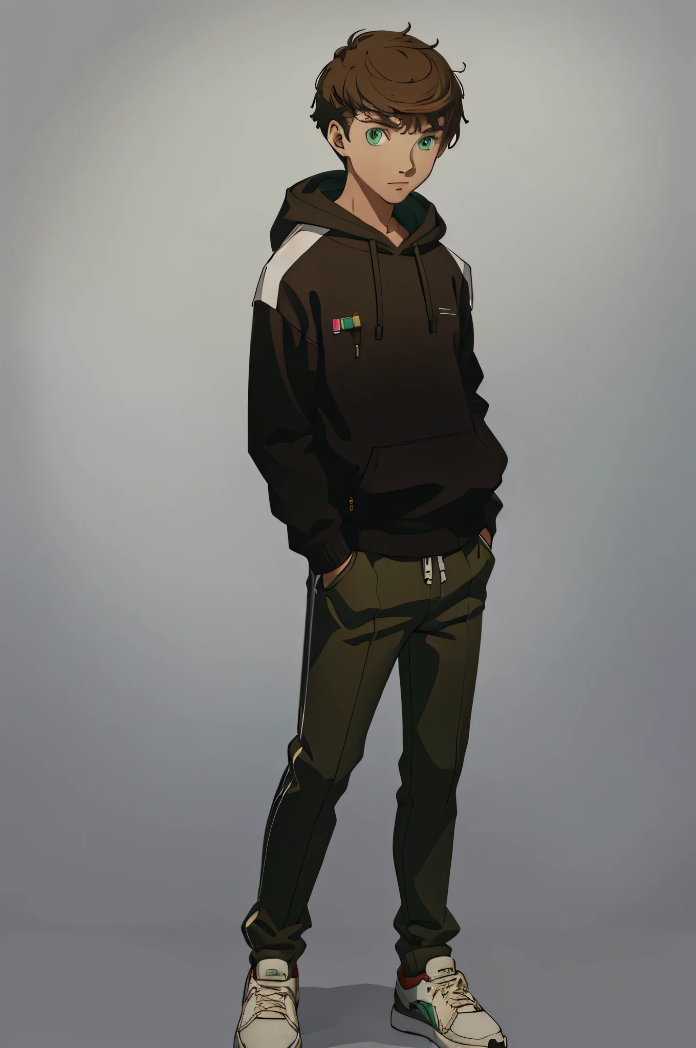 (masterpiece:1.2, best quality), 1boy, solo, full body, portrait, green eyes, wearing a black sweater with hood, khakis slacks, sneakers, short spikey brown hair (white background) standing pose