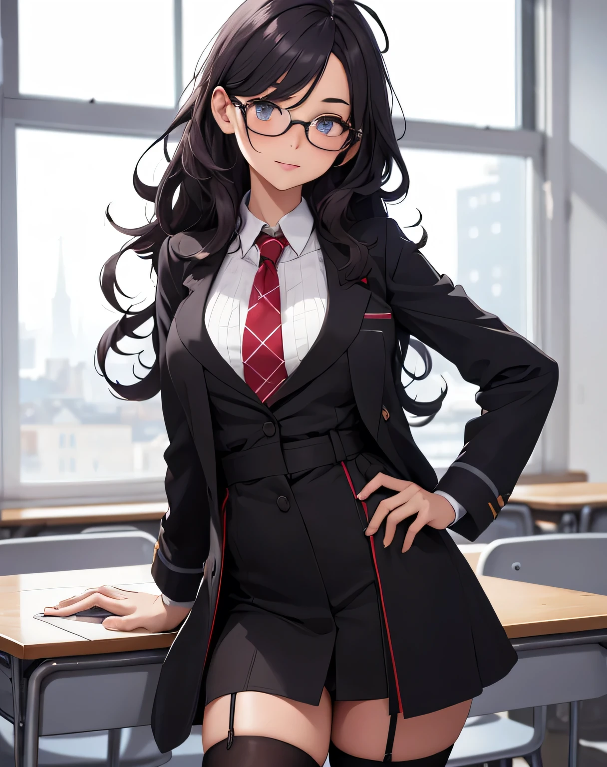 1fille sexy , fille professeur, une fille aux cheveux bruns avec des lunettes, classroom , crayon sur l'oreille, long curly hair, Messy hair, jupe plissée noire, stocking, bas collants, corps mince, porte une veste marron, she closes her left eye, seductive pose, jolies yeux , Mini jupe plissée, s'asseoir à la salle de cours, veste ouverte, Lunettes, twintail braided hair, , full details ,hd, beautiful lighting, light effects, cardboard folder ,classeurs