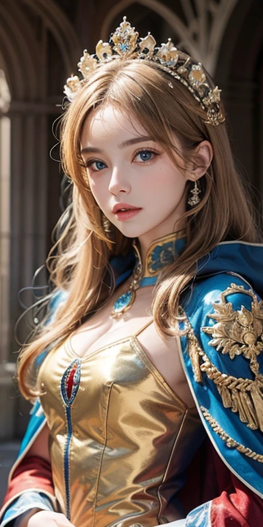 (masterpiece: 1.2, portrait, best quality), realistic, (real picture, complex details, depth of field), best quality, masterpiece, high detail, semi-realistic, 1 girl, shy, 18 years old, short blonde hair, left hairy eyes, Blue eyes, royal clothes, red cape, slim figure, ride a white horse