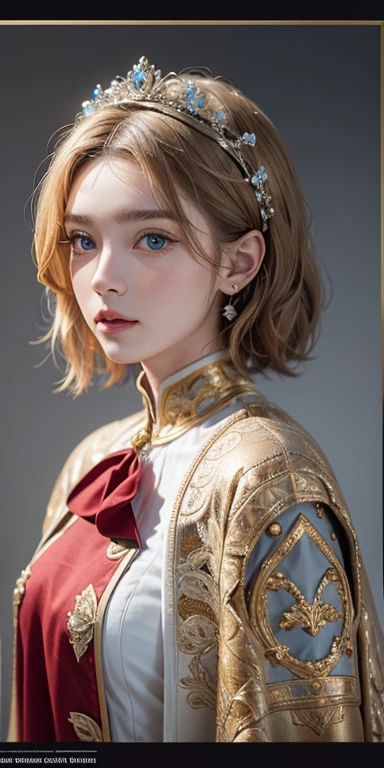 (masterpiece: 1.2, portrait, best quality), realistic, (real picture, complex details, depth of field), best quality, masterpiece, high detail, semi-realistic, 1 girl, shy, 18 years old, short blonde hair, left hairy eyes, Blue eyes, royal clothes, red cape, slim figure, ride a white horse 